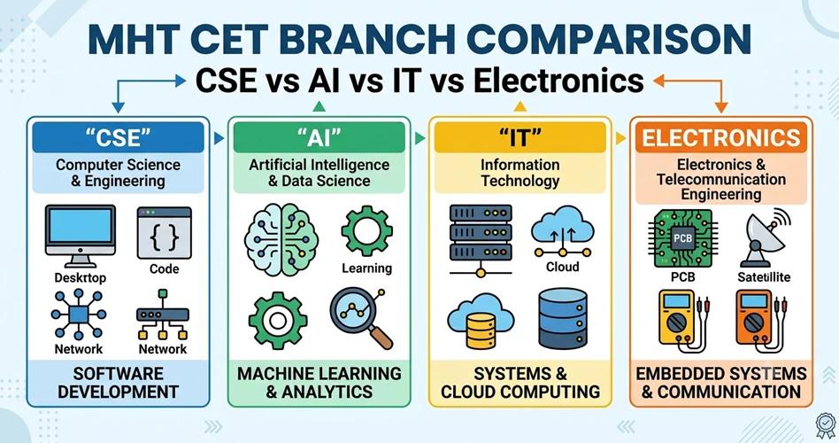 MHT CET branch comparison showing CSE, AI, IT and Electronics engineering options