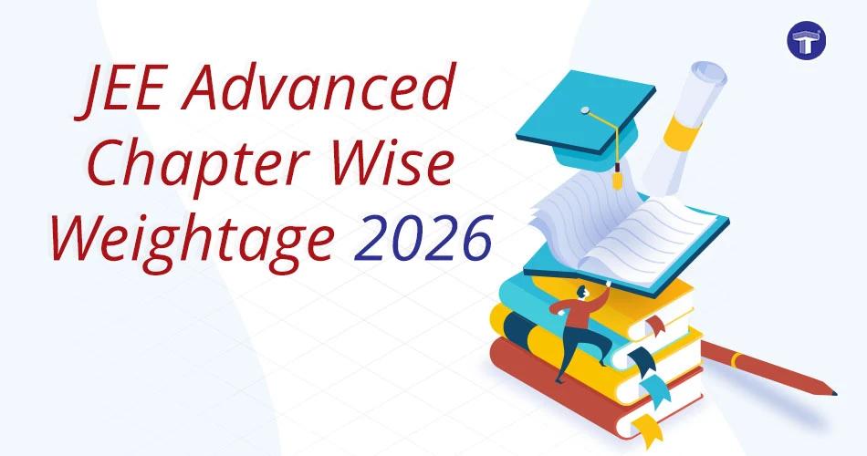 JEE Advanced 2026 chapter-wise weightage banner featuring books, graduation cap and study materials