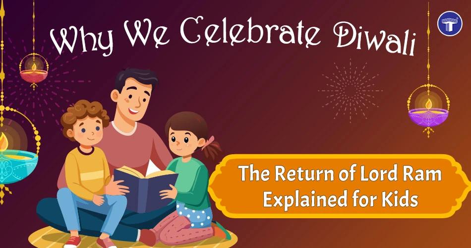 Indian parents reading a Ramayana storybook to their kids at home, surrounded by glowing diyas and Diwali decorations