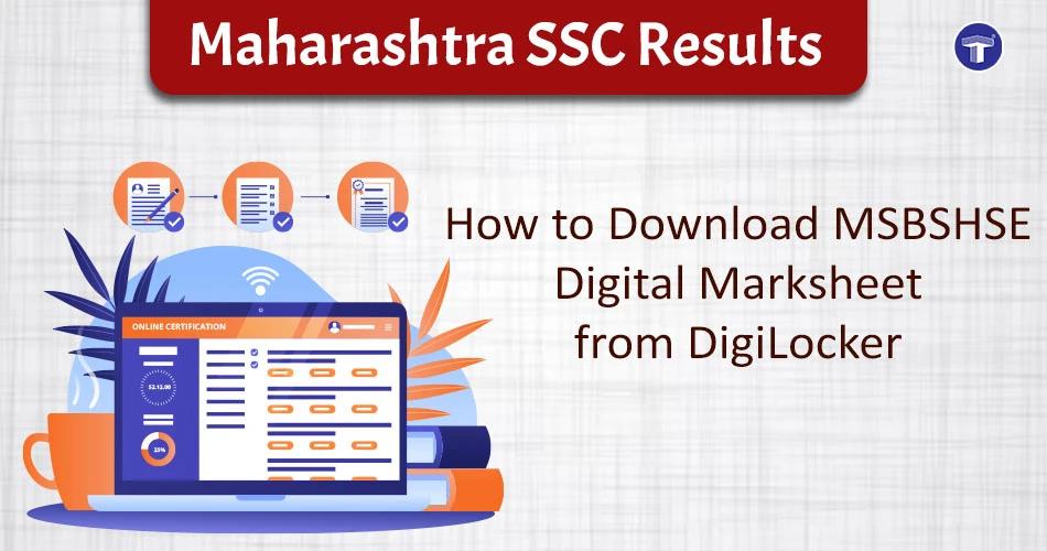 educational banner titled "Maharashtra SSC Results" explaining how to download the MSBSHSE digital marksheet from DigiLocker. The graphic features a laptop showing an online certification interface, icons representing document verification, and a professional, textured background.