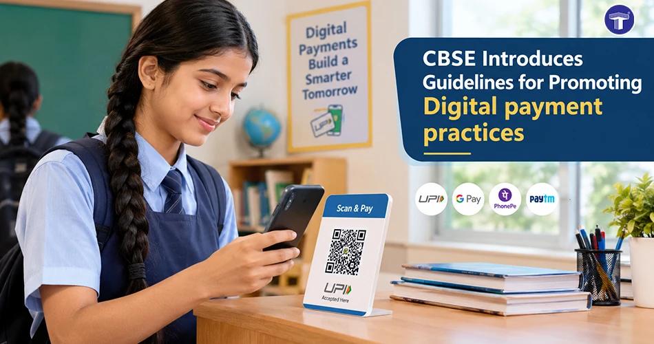 CBSE digital payment guidelines banner featuring a student scanning a UPI QR code