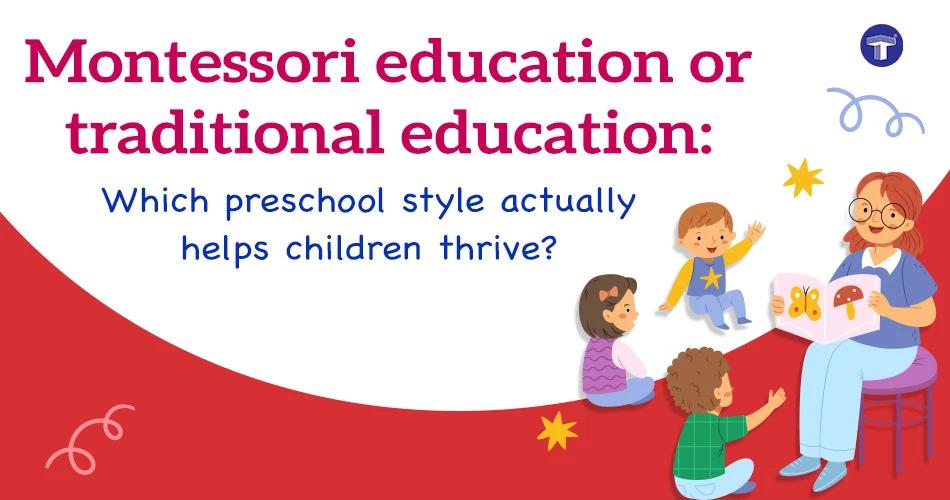 Colourful animated comparison of Montessori education and traditional preschool learning in a modern Indian classroom setting for parents researching early education.