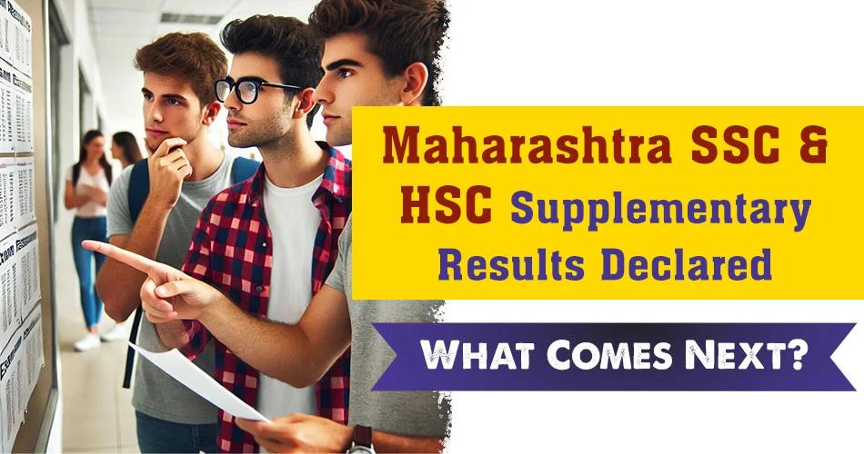 Three students looking at results displayed on a notice board, "Maharashtra SSC and HSC Supplementary Results Declared”