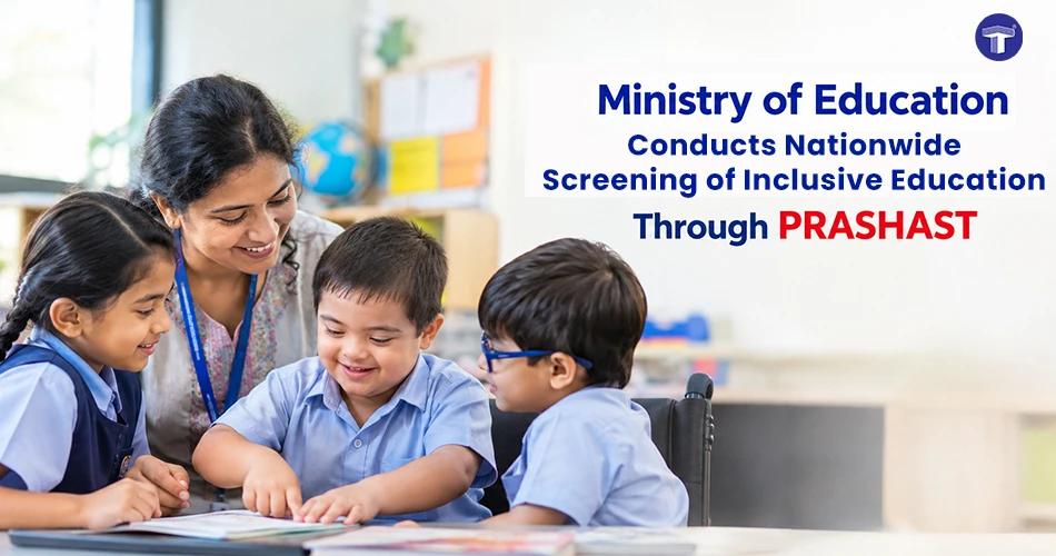 Teacher supporting children with special needs during a classroom activity for the PRASHAST inclusive education screening initiative