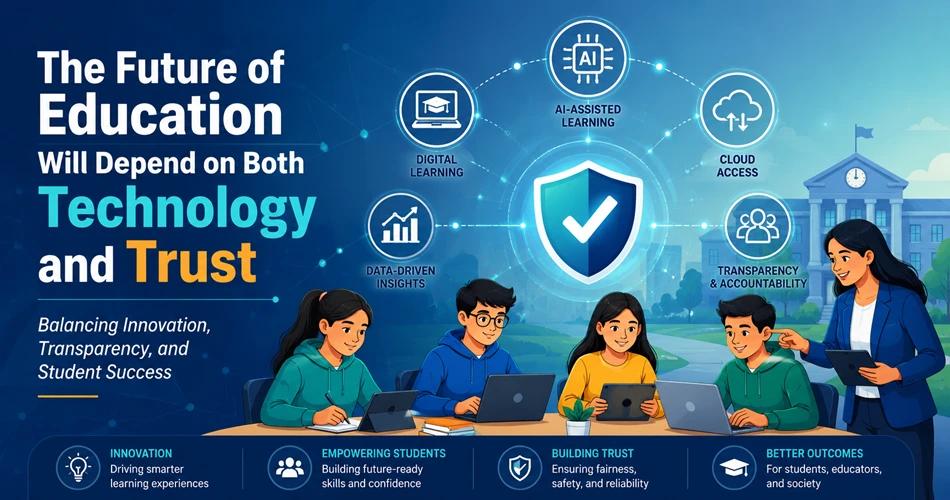 Digital education ecosystem highlighting technology, trust, students, and AI-assisted learning tools