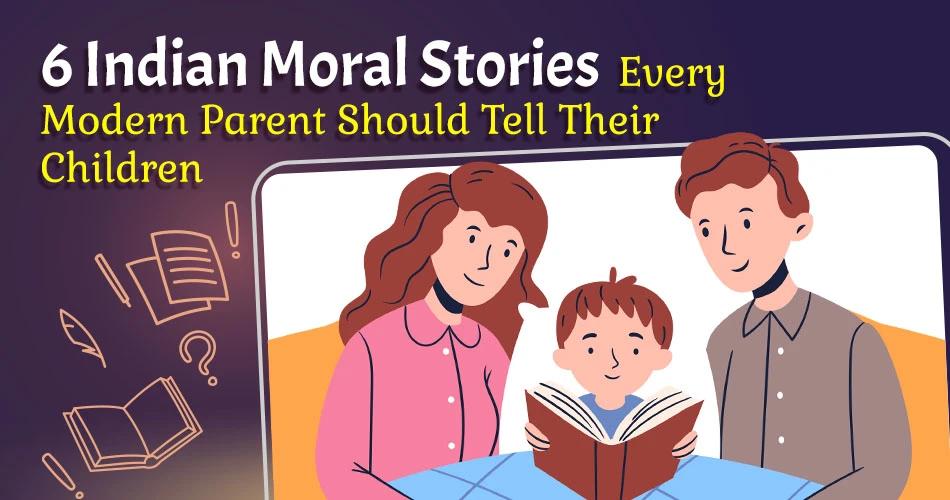 Indian parents reading moral stories to children for life lessons and values
