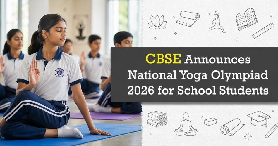 School students practising yoga with National Yoga Olympiad 2026 update banner