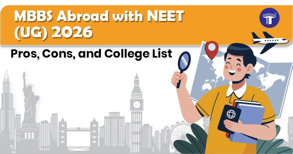 Cartoon of a student holding books and a magnifying glass, standing in front of a world map with icons of famous global landmarks, promoting MBBS abroad.