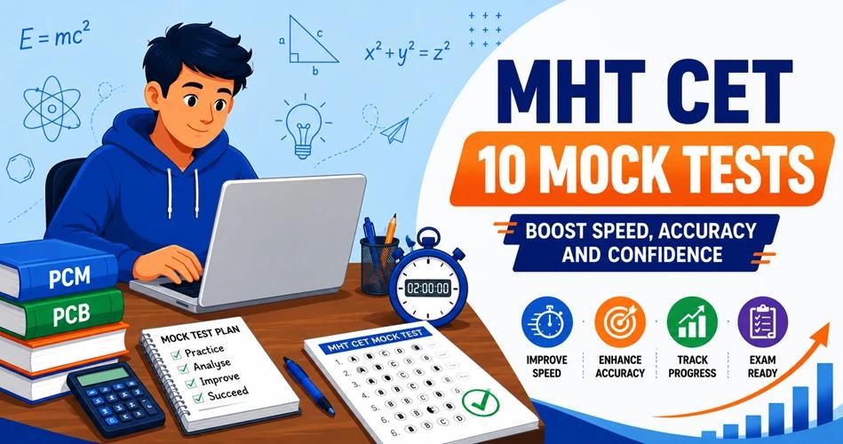 Vector banner showing MHT CET mock test preparation with laptop, answer sheet, stopwatch and study materials