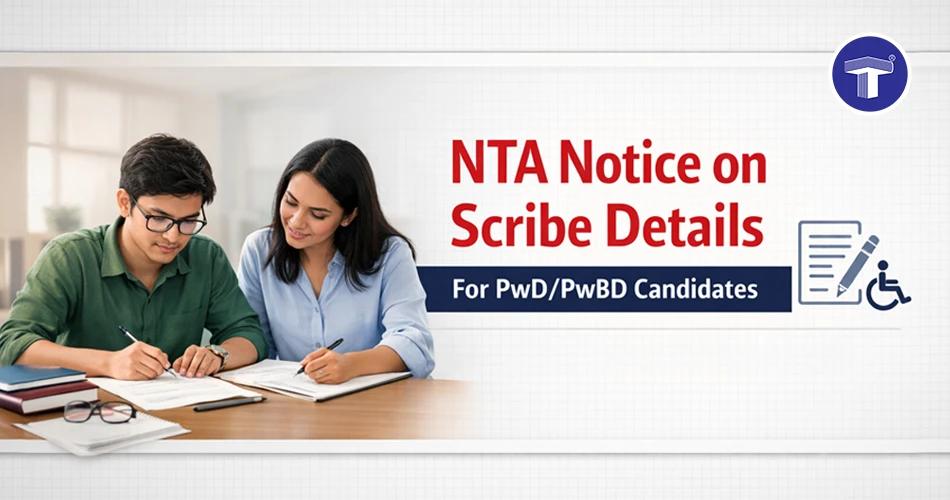 NTA notice on NEET UG 2026 scribe details for PwD and PwBD candidates with students filling exam forms