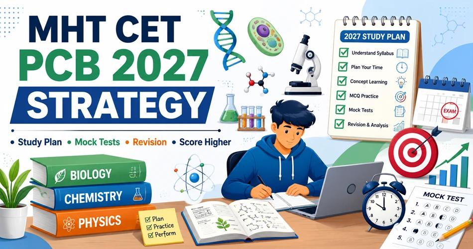 Illustration of MHT CET PCB 2027 preparation roadmap with Biology, Chemistry, Physics books and study planner.