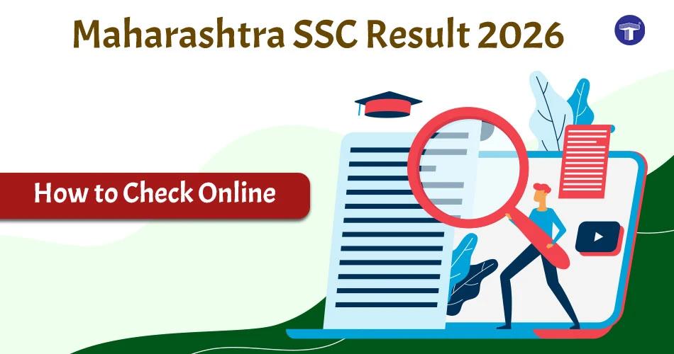 Illustration of a person using a large magnifying glass to look at a digital document on a laptop screen, featuring a graduation cap icon and the text "Maharashtra SSC Result 2026: How to Check Online."