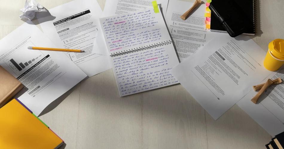 Desk with study materials, handwritten notes, and documents for students of Maharashtra HSC Supplementary Exams 2025