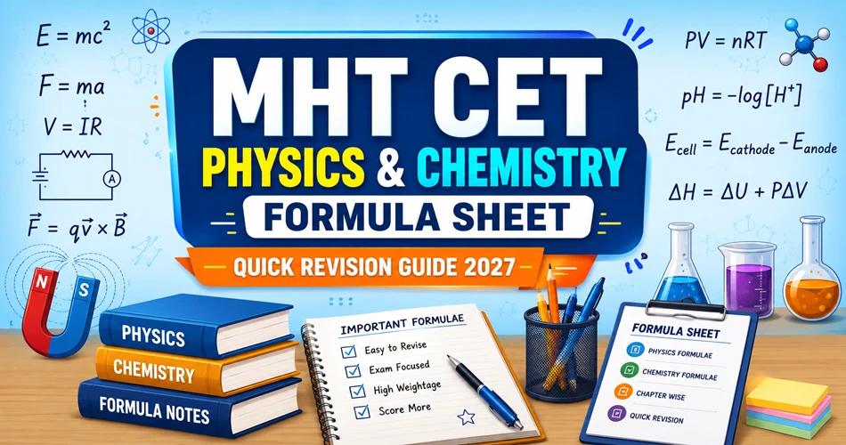 MHT CET Physics and Chemistry formula sheet with key equations, quick revision notes and study material