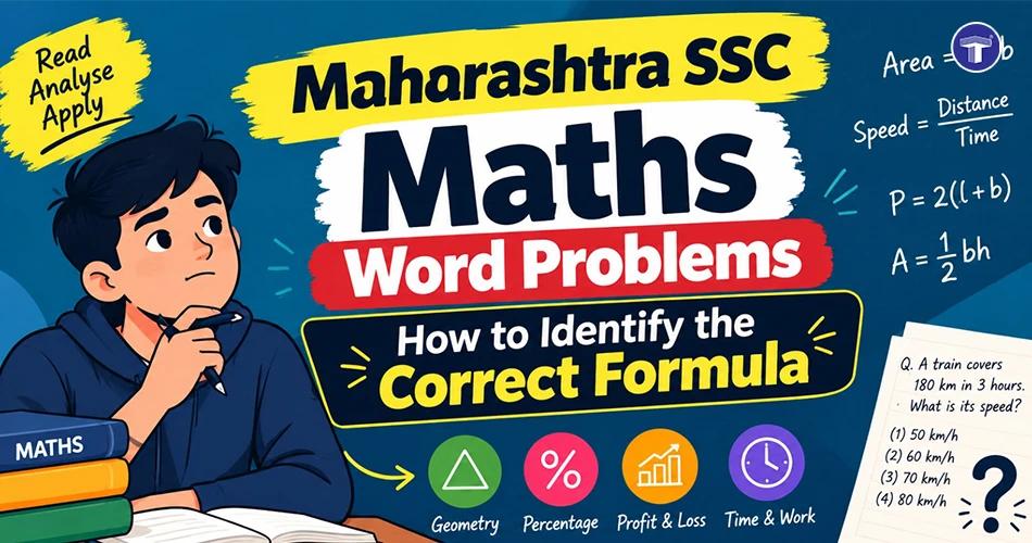 Maharashtra SSC Maths banner explaining word problems and formulas with geometry, percentage, profit and loss examples