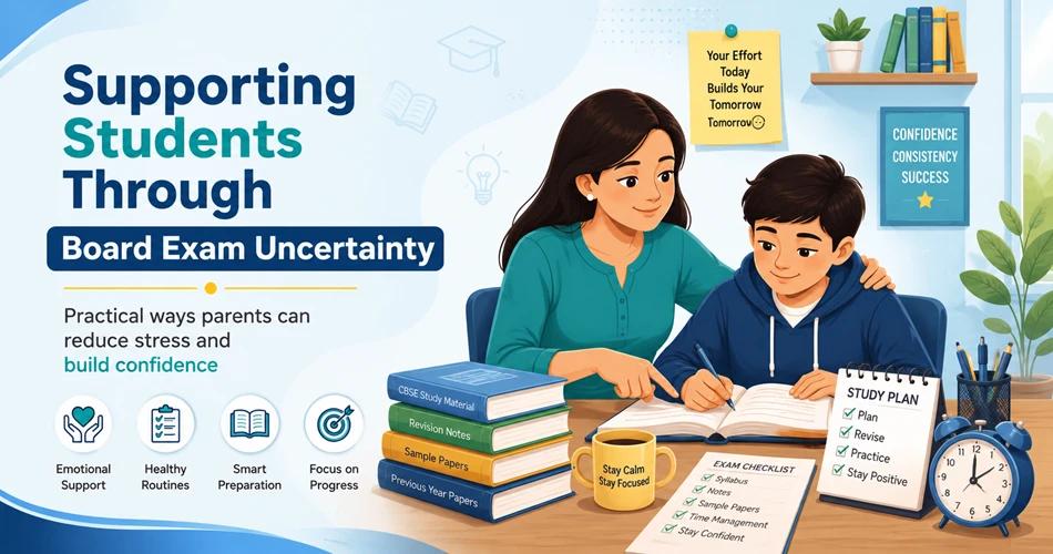 Parents and students discussing study plans calmly during board exam preparation amid academic uncertainty
