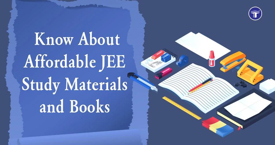 Banner highlighting affordable JEE study materials and books with stationery and notebook illustrations.