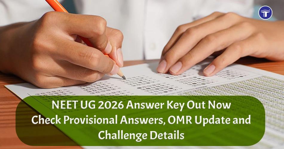 Student filling OMR sheet during NEET exam with text overlay announcing NEET UG 2026 provisional answer key release, OMR update, and challenge details