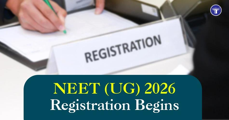 Banner announcing NEET UG 2026 registration begins with a registration desk background and bold exam headline text
