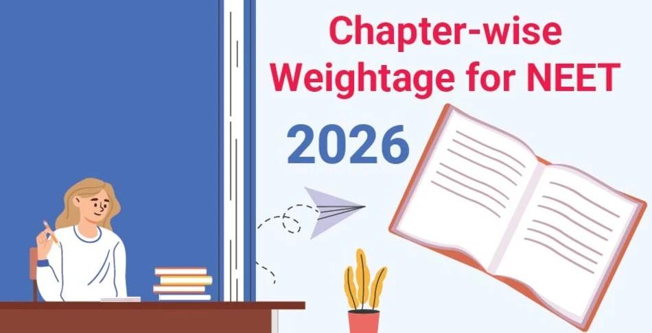 Chapter-wise Weightage for NEET 2026 with an illustration of a student studying and a paper airplane flying