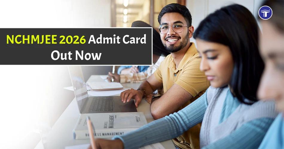 Students studying with laptop as NCHMJEE 2026 admit card announcement banner highlights exam update