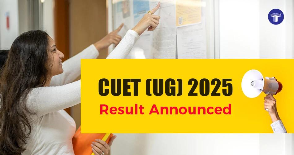 Students checking CUET (UG) 2025 results on notice board with announcement banner