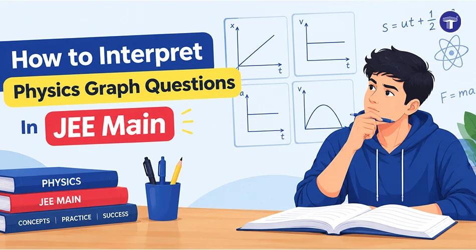 JEE Main Physics graph questions banner featuring a student studying motion graphs, Physics books and key formulas