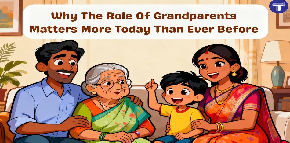 Cartoon illustration of Indian grandparents with grandchildren in a warm cosy home, highlighting the role of grandparents in a family and their importance in a child’s early life