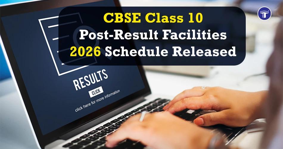 Banner announcing the CBSE Class 10 Post-Result Facilities 2026 schedule with an online results portal on a laptop