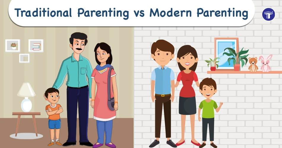 Visual representation of traditional parenting vs modern parenting showing lifestyle, clothing and emotional approach differences in Indian households