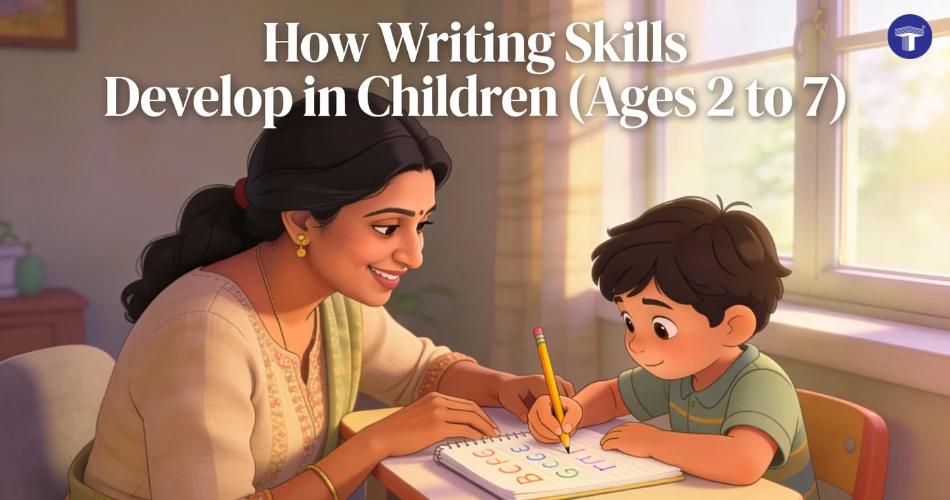 Indian parent helping child develop early writing skills at home