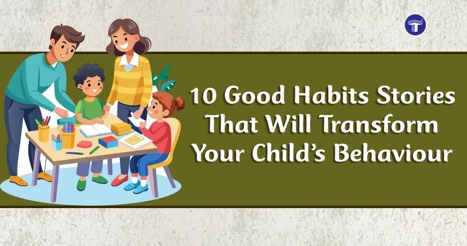 Children reading good habits stories with a parent at bedtime