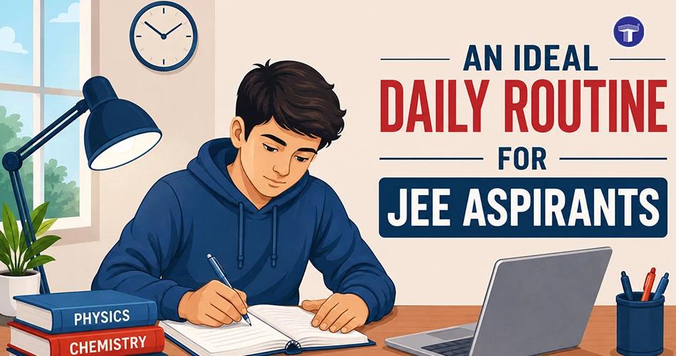 An ideal daily routine for JEE aspirants, showing a student studying with Physics, Chemistry and Mathematics books