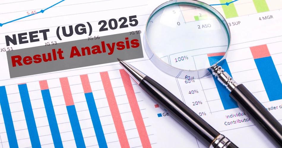 NEET UG 2025 result analysis featuring graphs, a magnifying glass, and a pen with detailed data charts