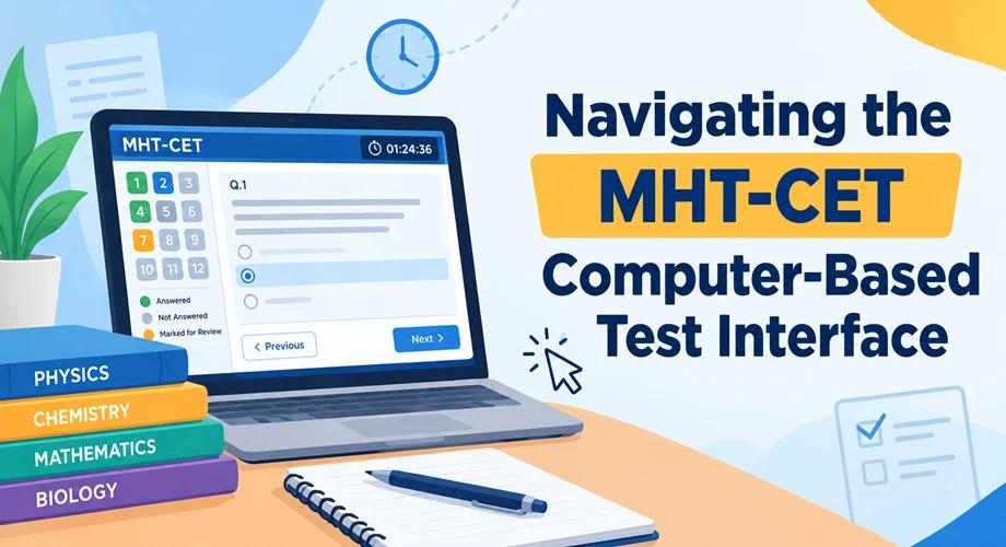 MHT-CET computer-based test interface showing question navigation, timer and mock test practice.