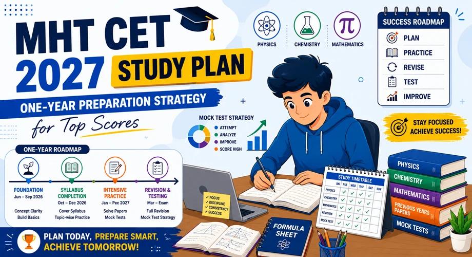 MHT CET 2027 aspirant following a structured one-year preparation strategy with study materials and mock tests.