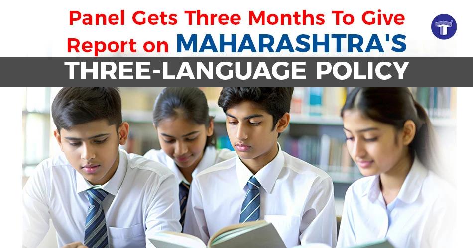Group of Indian high school students reading books in a library, with text overlay stating Panel Gets Three Months to Give Report on Maharashtra's Three-Language Policy.