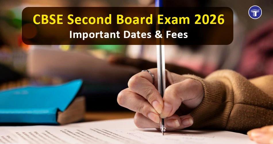 CBSE Second Board Exam 2026 showing a student writing an exam with details on dates and fees