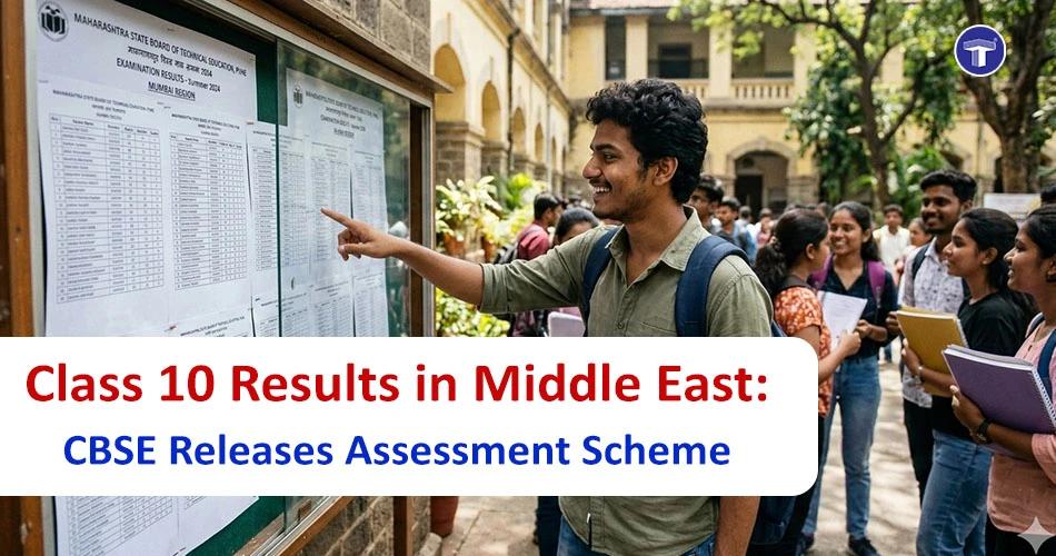 Students checking result notice board banner showing CBSE Class 10 results update and assessment scheme for Middle East region students
