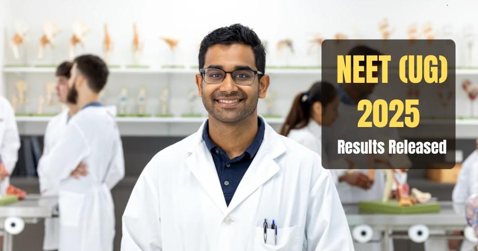 Student in a lab coat celebrating after NEET UG Results Declared 2025