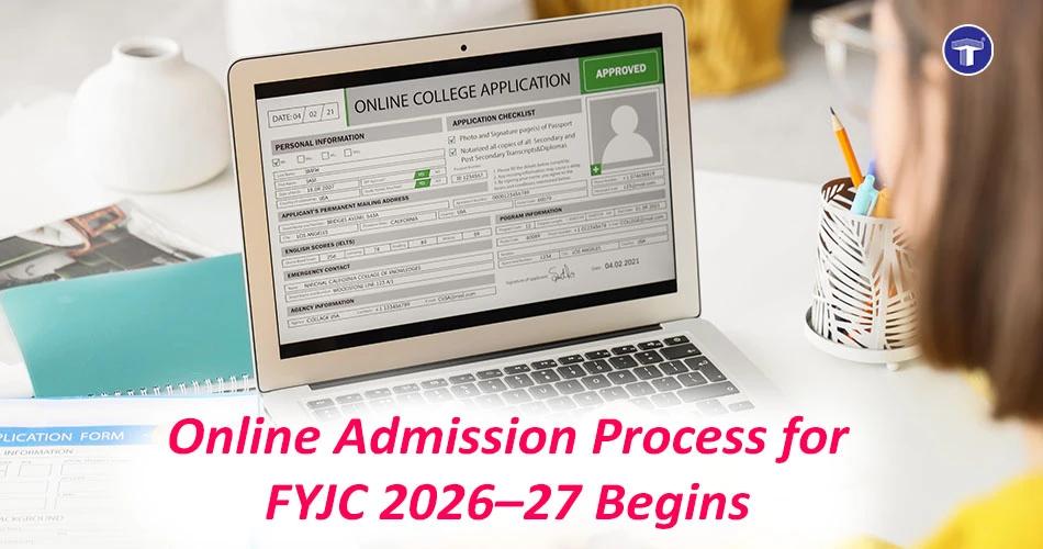 Student filling FYJC 2026–27 online admission form on laptop with application approved screen visible