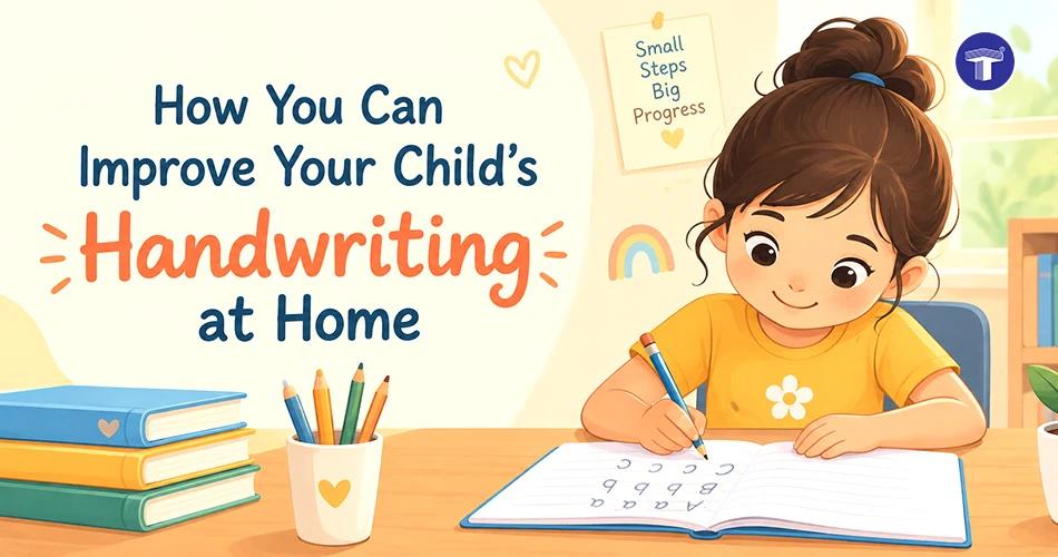 Child tracing letters in an activity book to improve handwriting at home