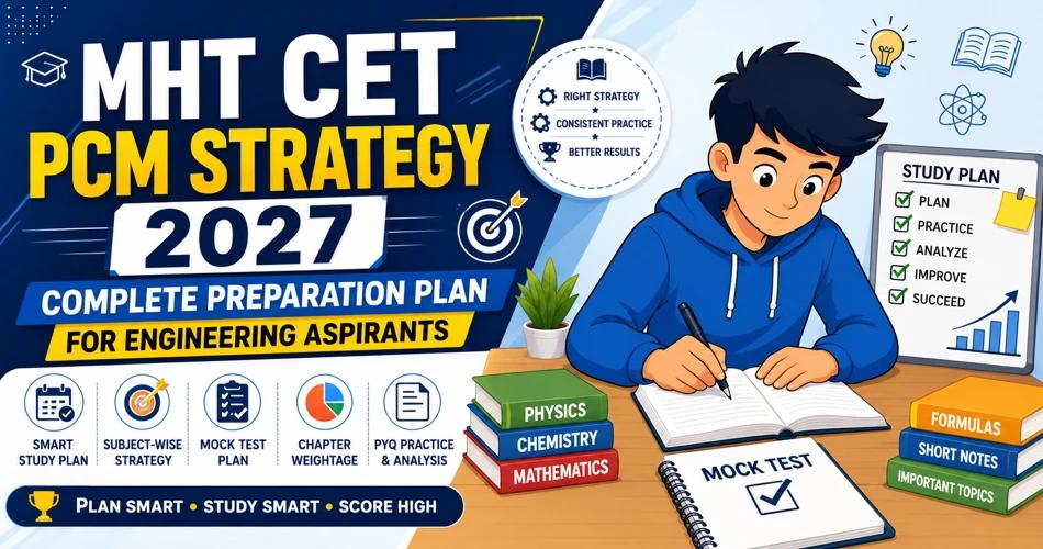 Student preparing for MHT CET 2027 PCM exam with study plan, books, and mock tests.