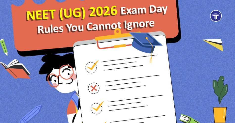 NEET UG 2026 exam day rules banner showing checklist, graduation cap, and student illustration highlighting key guidelines
