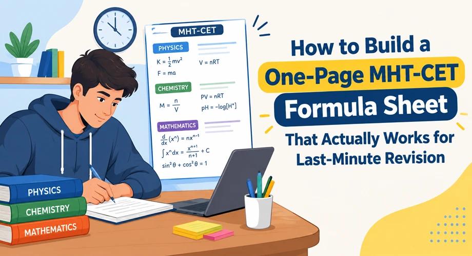 MHT-CET one-page formula sheet with Physics, Chemistry and Mathematics formulas for last-minute revision
