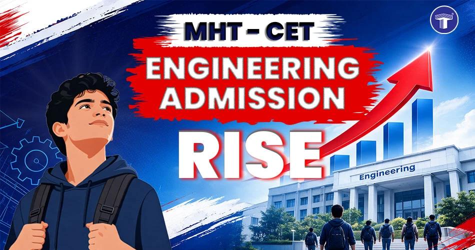Student illustration with MHT CET Engineering Admission Rise banner and college building growth graph
