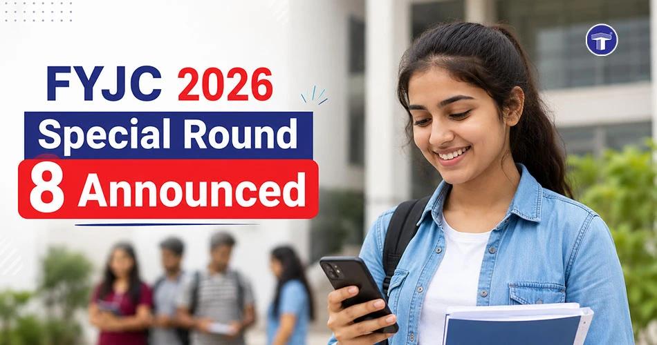 FYJC 2026 Special Round 8 announced banner showing a smiling female college student checking updates on her phone
