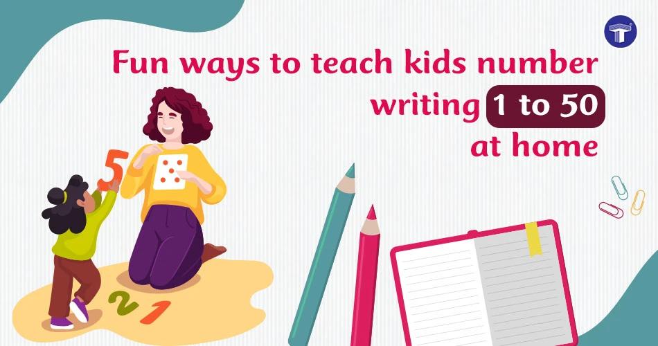 Illustration of a mother teaching a child number writing 1 to 50 at home with colourful numbers, pencils, and notebook in the background