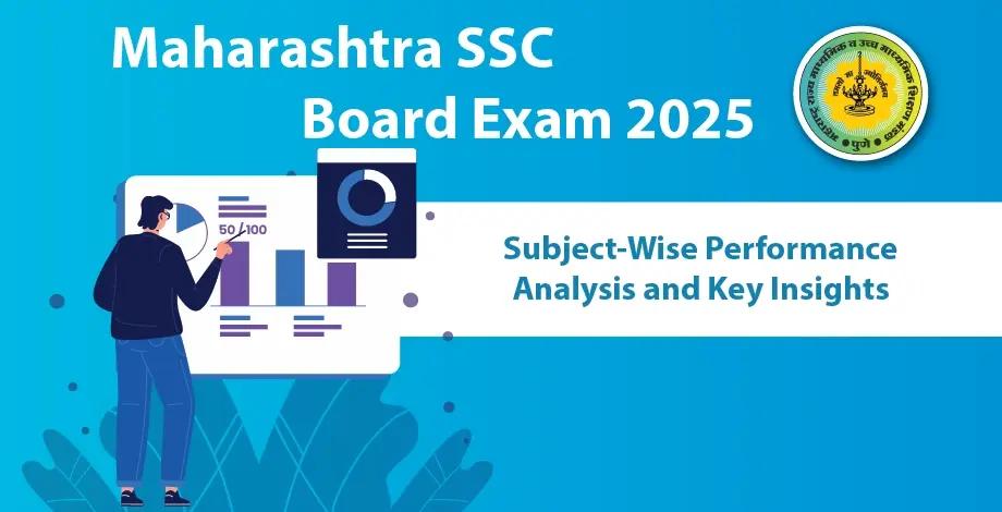 Illustration showing Maharashtra SSC 2025 subject-wise performance analysis with charts and official board logo.