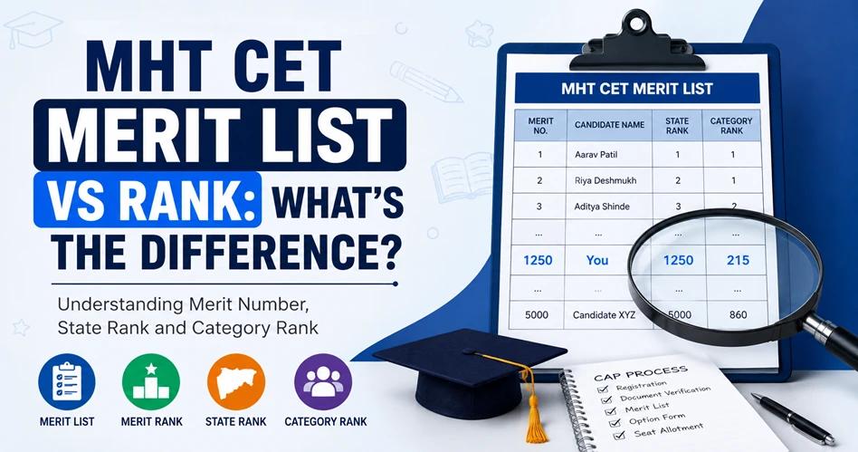MHT CET merit list vs rank showing the difference between merit number, state rank and category rank